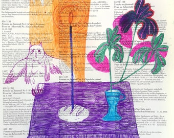 Ballpoint Pen Drawing on Book Page, Original Illustration, Candle Light, Iris, Flowers, Bread, Number Three, Owl, Table