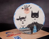 Couple Illustration, Batman, Cat Woman, Love Drawing, Hanging Ceramic Sculpture, Round Art, Air Dry Clay, Pencil, Wall Decor, Weird