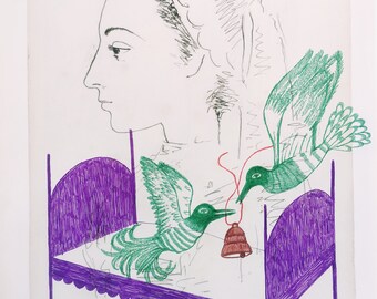 Drawing on Book Page, Ballpoint Pen, Love, Two Birds, Couple, Woman's Portrait, Original Illustration, Bell, Surreal Art, Kunst