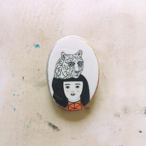 Tiger Pin, Illustration, Spirit Animal, Brooch, Orange, Oval, Clay Jewelry, Silver, Jungle, Forest, Pencil Drawing, Schmuck, Portrait image 1