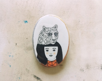 Tiger Pin, Illustration, Spirit Animal, Brooch, Orange, Oval, Clay Jewelry, Silver, Jungle, Forest, Pencil Drawing, Schmuck, Portrait