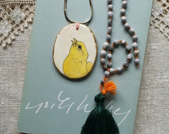Chicken Pendant, Vaijanti Seeds, Mala, Tassel Necklace, Vintage Chain, Yellow, Spiritual, Pencil Drawing, Gift for Her, Wearable Art, Green