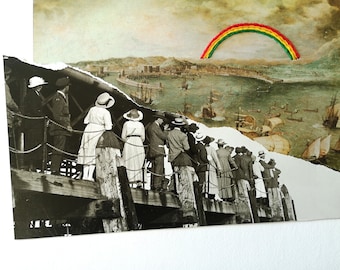 Embroidered Analog Collage, Surreal Art, Mixed Media, Rainbow, Boat, Navigating, Colors, Sky, Sea, Embroidery on Paper, Kunst, Green Bruegel