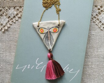 Butterfly Pendant, Air Dry Clay, Triangle, Animal Jewelry, Handmade, Golden, Pencil Drawing, Gift for Her, Flying