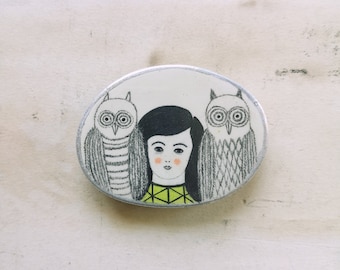 Owl Brooch, Air Dry Clay Pin, Pencil Drawing, Animal Jewelry, Portrait, Bird, Silver, Oval, White, Illustration, Forest, White, Schmuck