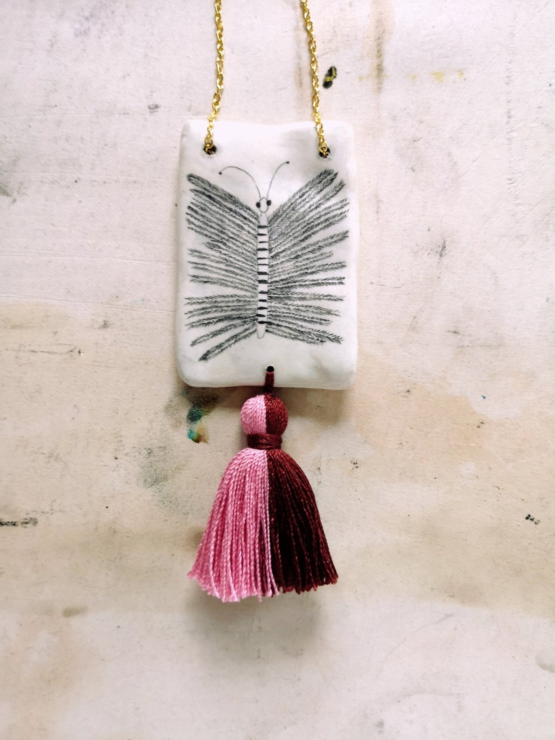 Butterfly Pendant, Animal Jewelry, Clay, Pencil Drawing, Illustration, Fly, Nature, Tassel, Pink, Geometric, Gifts for Her, Handmade image 2