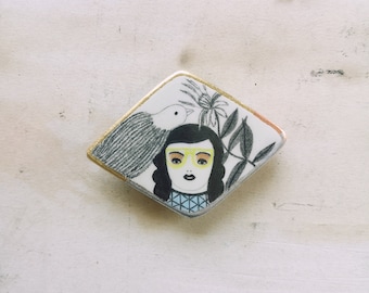 Bird Pin, Air Dry Clay, Pencil Drawing, Brooch, Jewelry, Forest, Flowers, Plants, Girl Portrait, Spirit Animal, Rhombus, Illustration