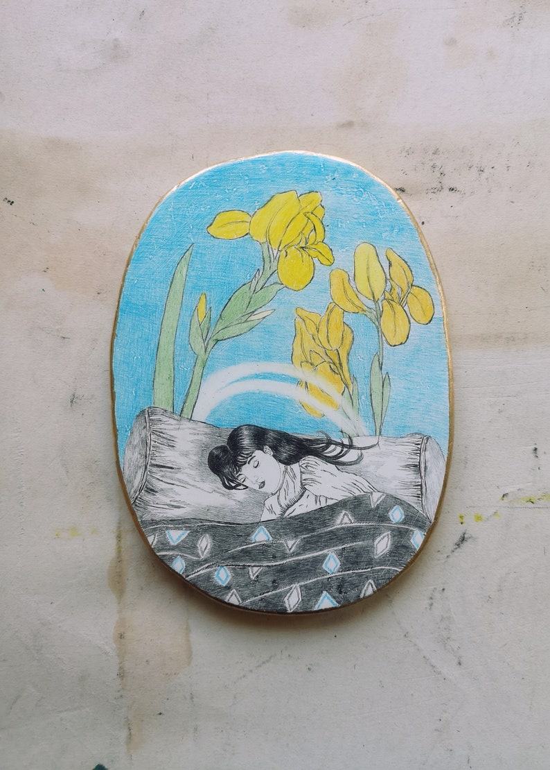 Clay Wall Sculpture, Yellow Iris, Dream, Sleeping Girl, Blue, Subconscious, Oval, Calmness, Illustration, Plants image 2