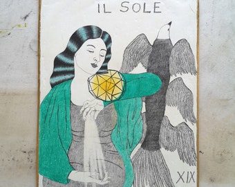 Il Sole, The Sun Tarot Card, Golden, Wall Decoration, Bird Drawing, Illustration, Major Arcana, Esoteric Art, Energy, Spiritual, Tarocchi