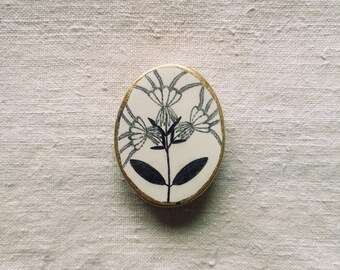 Clay Pin, Pencil Drawing, Plants Illustration, Nature Brooch, Handmade Jewelry, Golden, Christmas Gift, Flower, Oval, Schmuck