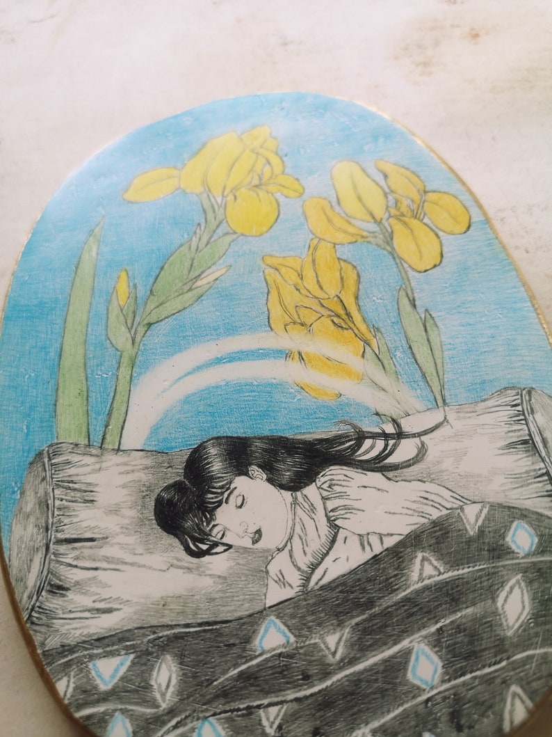 Clay Wall Sculpture, Yellow Iris, Dream, Sleeping Girl, Blue, Subconscious, Oval, Calmness, Illustration, Plants image 6