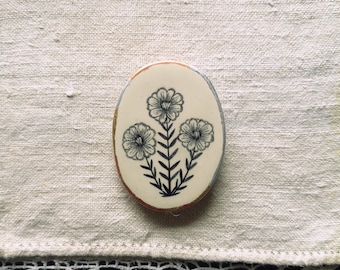 Nature Pin, Clay Brooch, Handmade Jewelry, Oval, Copper, Illustration, Forest, Plants, Flower Drawing, White, Pencil , Schmuck