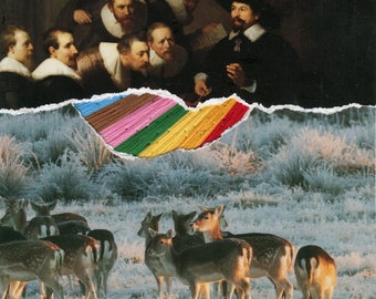 Hand Embroidered Collage, Mixed Media Art, Surreal, Rembrandt, The Anatomy Lesson, Deer, Animals, Landscape, Rainbow, Christmas Gift, Kunst