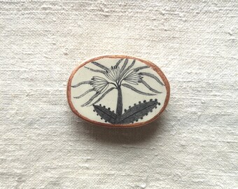 Flower Brooch, Plants Pin, Forest, Air Dry Clay, Oval, Golden Leaf, Pencil Drawing, Illustration, Woodland, Handmade Jewelry, Gifts for Her