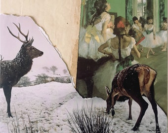 Analog Collage, Winter Landscape, Deer, Mixed Media Art, Surreal, Degas, Painting, Old Paper, Ballerina, Kunst