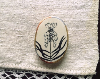 Clay Pin, Pencil Drawing, Plants Illustration, Nature Brooch, Handmade Jewelry, Golden, Flower, Oval, Woodland, Flower, Vintage Look, Forest
