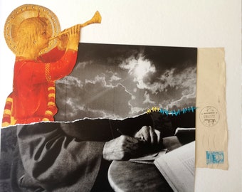 Analog Collage, Embroidered Paper, Singing Angel, Writing, Old Envelope, Musical Instrument, Sunrise, Hope, Aura, Golden