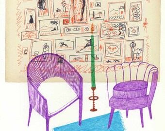 Drawing on Book Page, Two Chairs, Candle Light, Ballpoint Pen Illustration, Blue Carpet, Number Two, Kunst