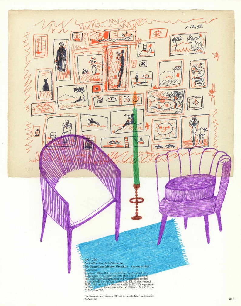 Drawing on Book Page, Two Chairs, Candle Light, Ballpoint Pen Illustration, Blue Carpet, Number Two, Kunst