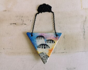 Flying Saucer Pendant, Sci Fi Necklace, Number Three, Blue Sky, Triangle, Geometric, Mountain Drawing, Surreal, Clay Jewelry, Surreal, Art