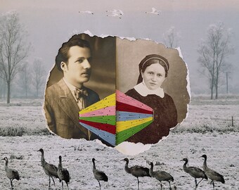 Hand Embroidered Collage, Mixed Media Art, Landscape, Birds, Love, Blue, Sky, Surreal, Man and Woman, Vintage Photograph, Nature, Winter