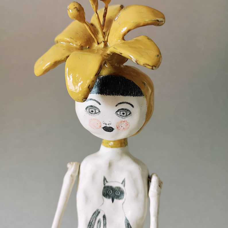 Art Doll, Air Dry Clay, Sculpture, Owl Drawing, Whimsical, Clay Flower, Mixed Media, Kunst, Textile, Modern, Folk Inspired image 3