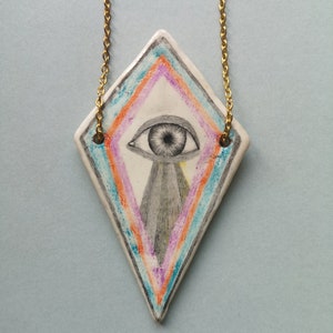Eye Pendant, Air Dry Clay, Pencil Drawing, Blue, Wearable Art, Wisdom, Knowledge, Rhombus, Handmade Jewelry image 4
