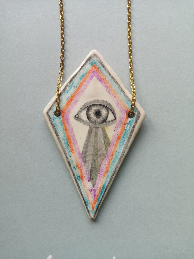 Eye Pendant, Air Dry Clay, Pencil Drawing, Blue, Wearable Art, Wisdom, Knowledge, Rhombus, Handmade Jewelry image 4