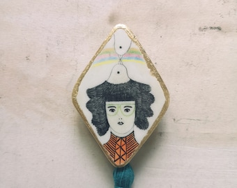 Bird Pin, Air Dry Clay, Two Birds, Tassel, Rhombus, Pencil Drawing, Golden, Spirit Animal, Sky, Spiritual Art, Girl Portrait, Jewelry