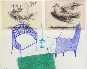 Original Drawing on Book Page, Chairs, Green Carpet, Room, Ballpoint Pen Illustration, Candle Light, Flying Bird, Dove, Surreal Art