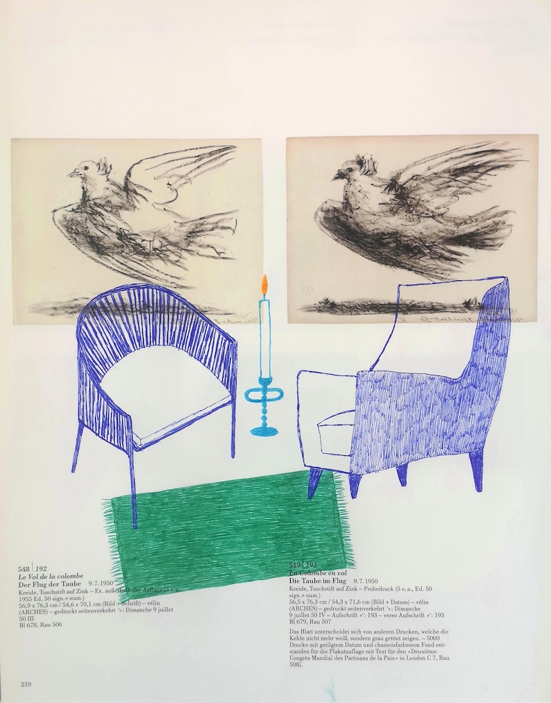 Original Drawing on Book Page, Chairs, Green Carpet, Room, Ballpoint Pen Illustration, Candle Light, Flying Bird, Dove, Surreal Art
