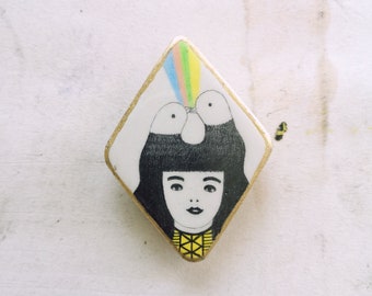 Handmade Brooch, Pencil Drawing, Rhombus, Bird Pin, Rainbow, Love, Friendship, Girl Portrait, White, Animal,  Air Dry Clay, Illustration