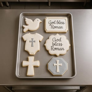 2 dozen God Bless Cookies – Personalized Baptism Sugar Cookies – Cross & Dove Christening Favors for Boys