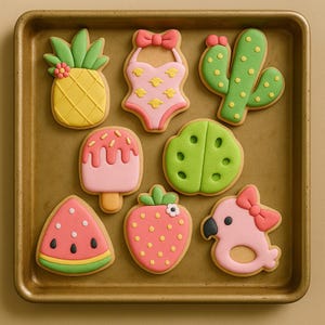 Tropical Summer Sugar Cookies – Flamingo, Fruit, Cactus & Swimsuit Decorated Cookie Set