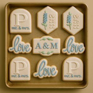 Wedding Sugar Cookies Set – Personalized Mr Mrs, Initial, Date & Love Royal Icing Cookies – Engagement Party Favors