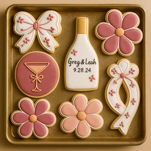 2 dozen Pink Floral Bachelorette Cookies – Custom Name Champagne Bottle & Bow Cookies for Bridal Shower