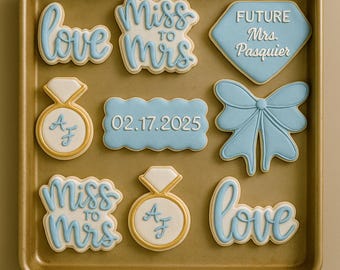2 dozen Miss to Mrs Bridal Shower Cookies – Custom Blue Engagement Ring & Bow Sugar Cookies for Bride-to-Be