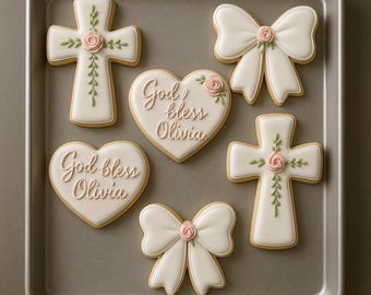 2 dozen God Bless Olivia Baptism Cookies – Floral Cross & Bow Sugar Cookies – Christening Favors for Baby Girls