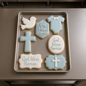 2 dozen God Bless Roman Baptism Cookies – Blue Cross & Dove Sugar Cookies – Personalized Christening Favors for Boys