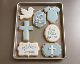 2 dozen God Bless Roman Baptism Cookies – Blue Cross & Dove Sugar Cookies – Personalized Christening Favors for Boys