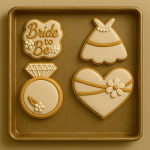 Galletas para despedida de soltera: vestido, anillo y galletas de azúcar decoradas con forma de corazón.