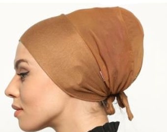 Gold brown under scarf & No Slip Headband-All In One Hat-Great under tichel , chemo,head coverings,  hijab underscarf, ninj inner underscarf