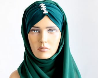 green headcovering  - head scarf -  tichel - green hijab scarf - muslim scarves -  ready-to-wear