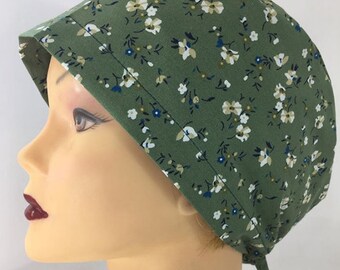 Green tiny flowers surgical cap, Nurse cap | Chemo cap | Hats for Cancer Patients I unisex surgical scrub hats - cotton cap