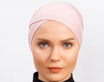 powder pink underscarf - All In One Hat-under tichel,head scarves, head coverings - headpiece - hair cover turban , under scarf tie back cap