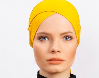 Mustard underscarf - All In One Hat- under tichel,head scarves, head coverings - headpiece - hair cover turban , under scarf tie back cap