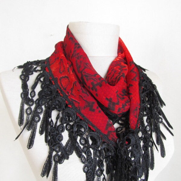 Christmas gift -Red Scarf-Cotton scarf-Cowl with Lace Edge-asuhan