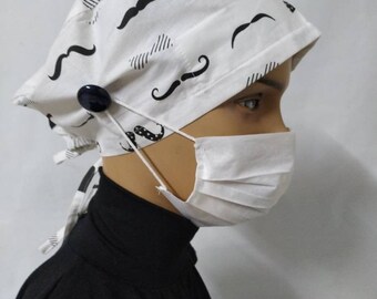 Surgical Cap for Women,Scrub Cap, Nurse/Doctor Cap,Buttons , Scrub Hat with Ties, Tie Back Adjustable Cap for Nurse,CCU, white - black