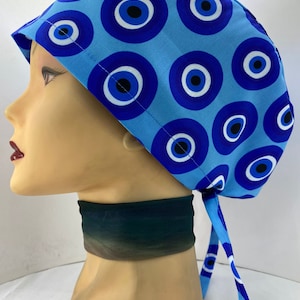 Evil eye surgical cap, Women's surgical scrub hats, Medical scrub cap, surgical cap women ,blue nurse cap. nurse scrub cap image 1