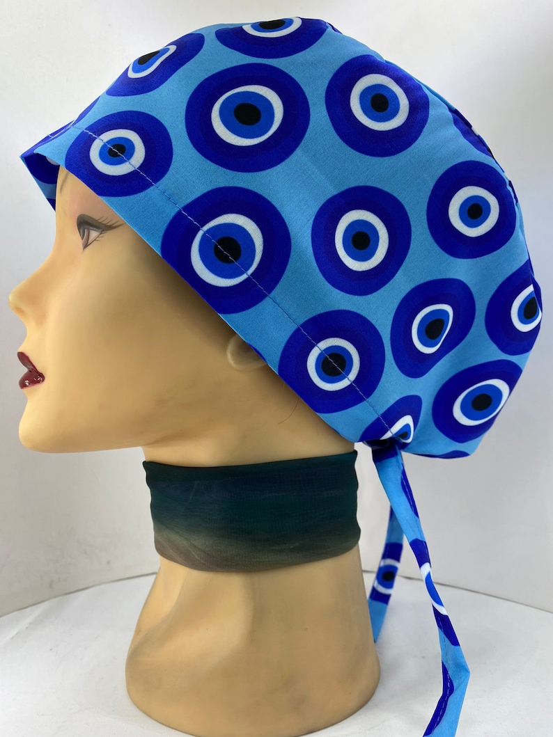 Evil eye surgical cap, Women's surgical scrub hats, Medical scrub cap, surgical cap women ,blue nurse cap. nurse scrub cap image 1